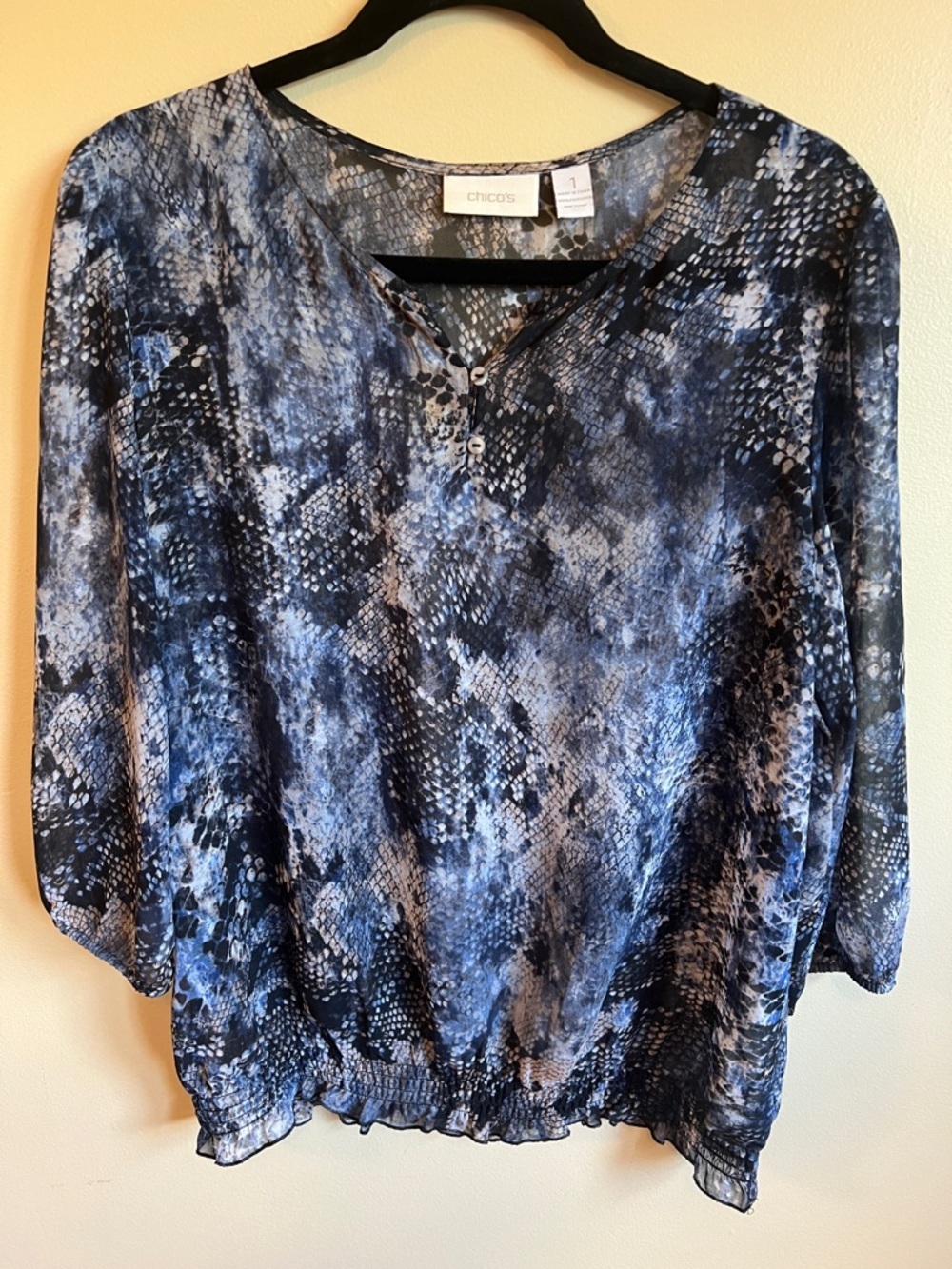 Chico’s Blue Snakeskin Print Sheer Blouse Size 1 Boho Career Top